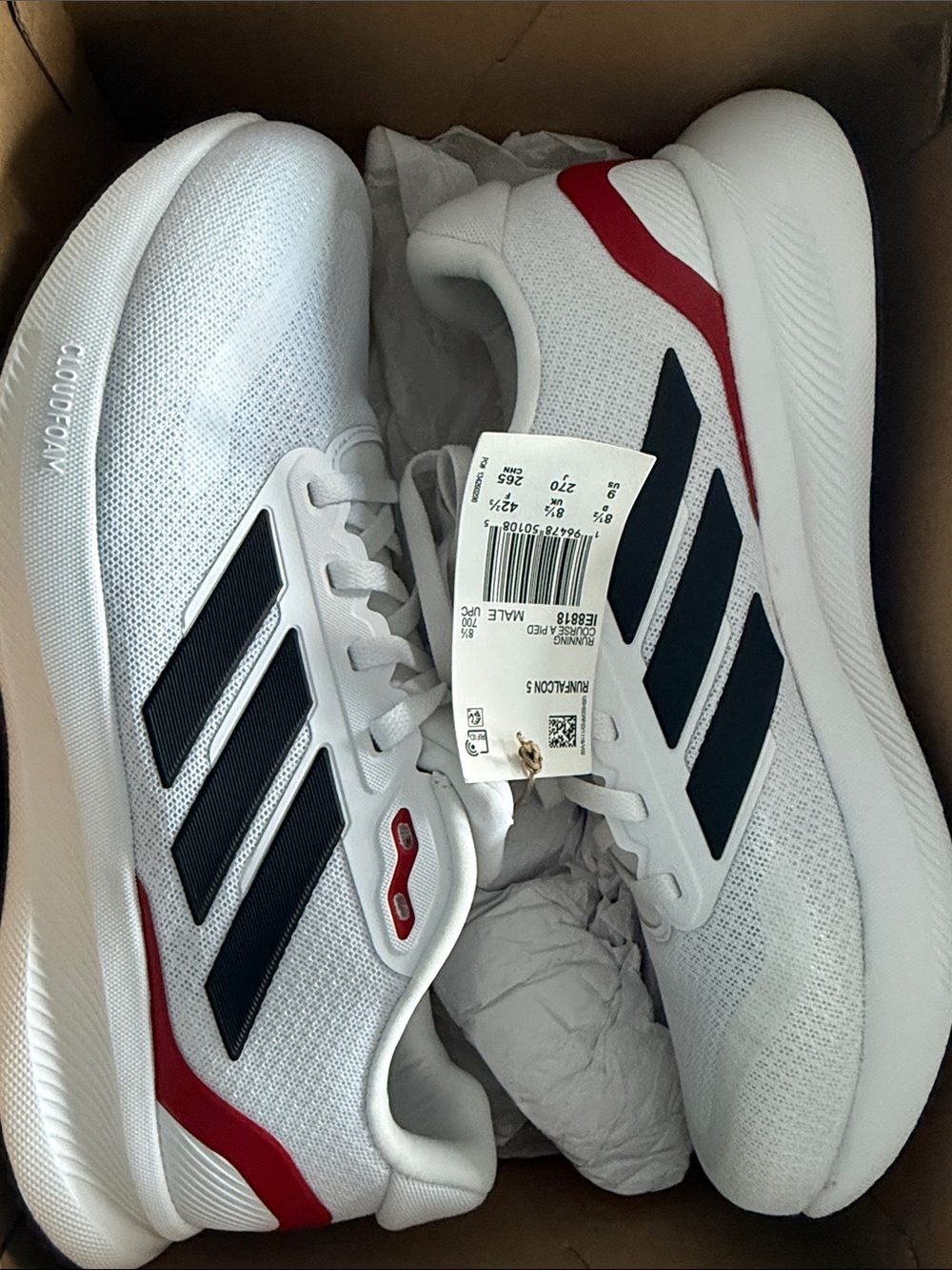 adidas Runeal Con 5 Wide White Sneakers with Navy Three Stripes and Red Accents